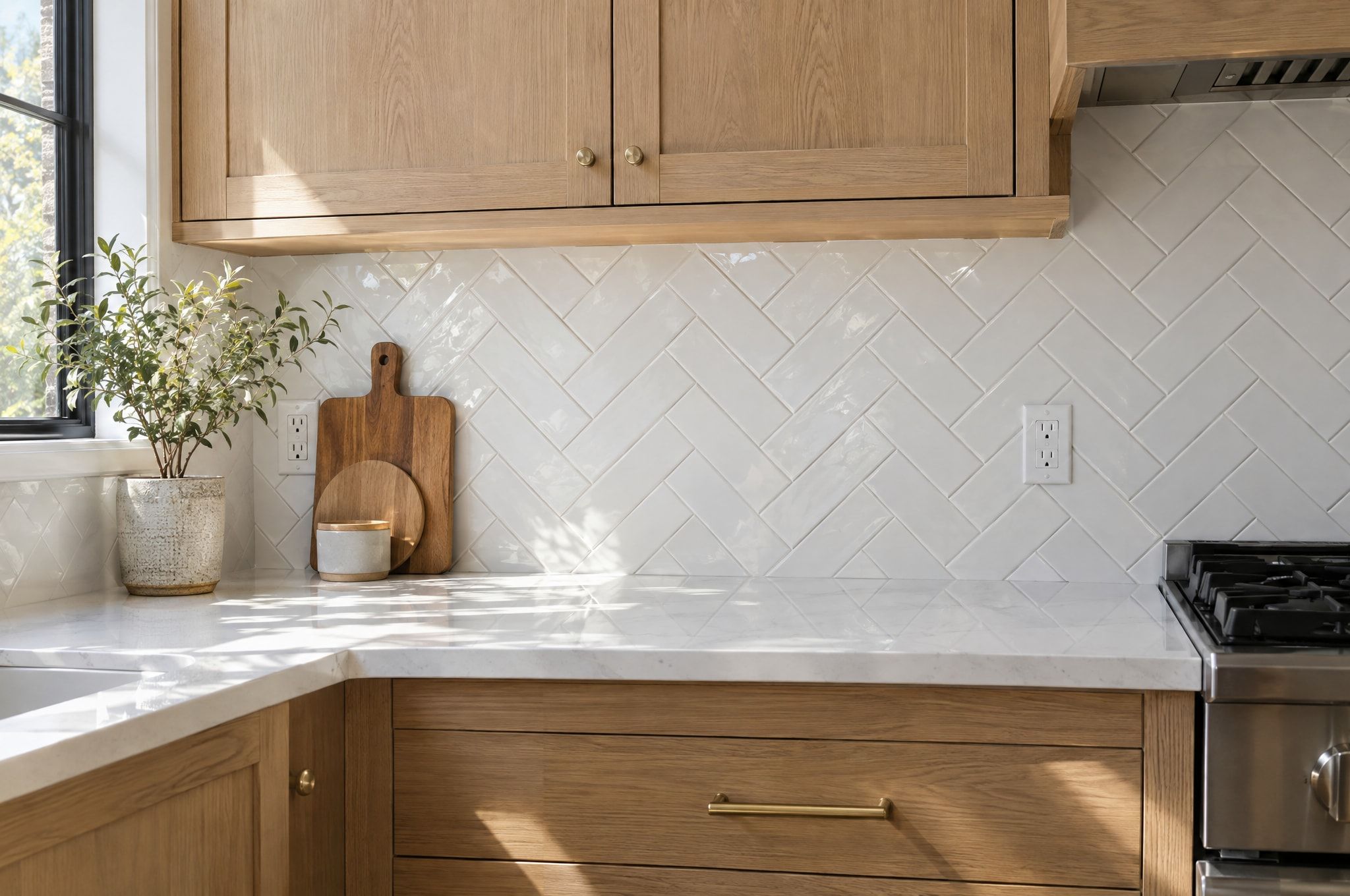 White herringbone tile backsplash behind light oak kitchen cabinets