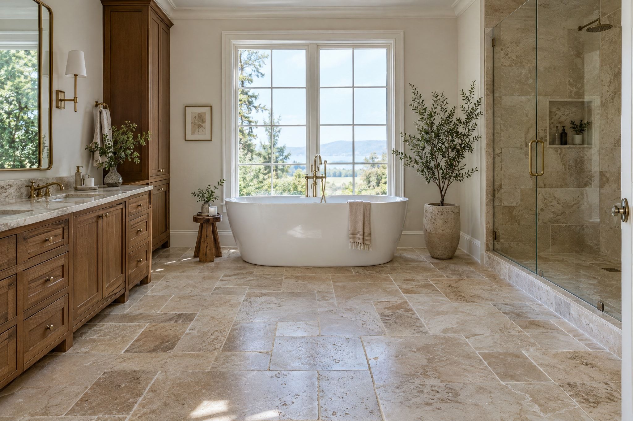 Travertine natural stone tile floor in a bright primary bathroom