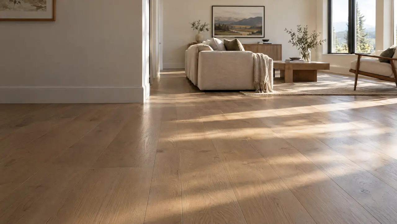 Sunlit living room with newly installed wide-plank engineered hardwood flooring